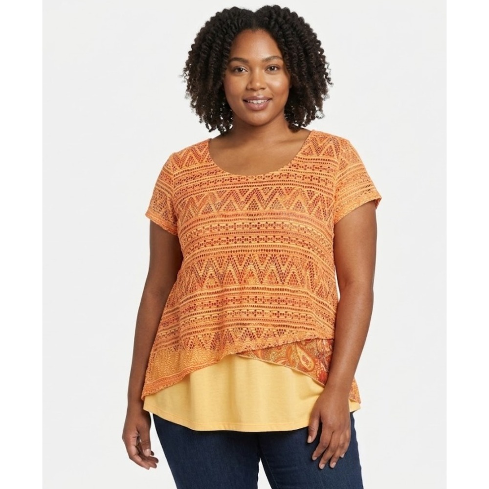 One World size 1X Orange‎ Boho Chevron Layered Stretch Top Festival